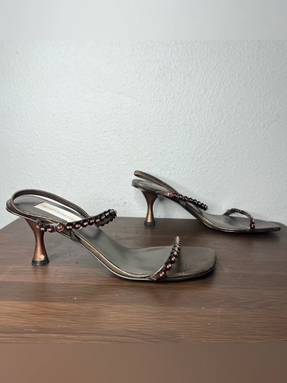 Vintage Brown Bronze Button Embellished Strappy Slingback Kitten Heels - Picture 2 of 10